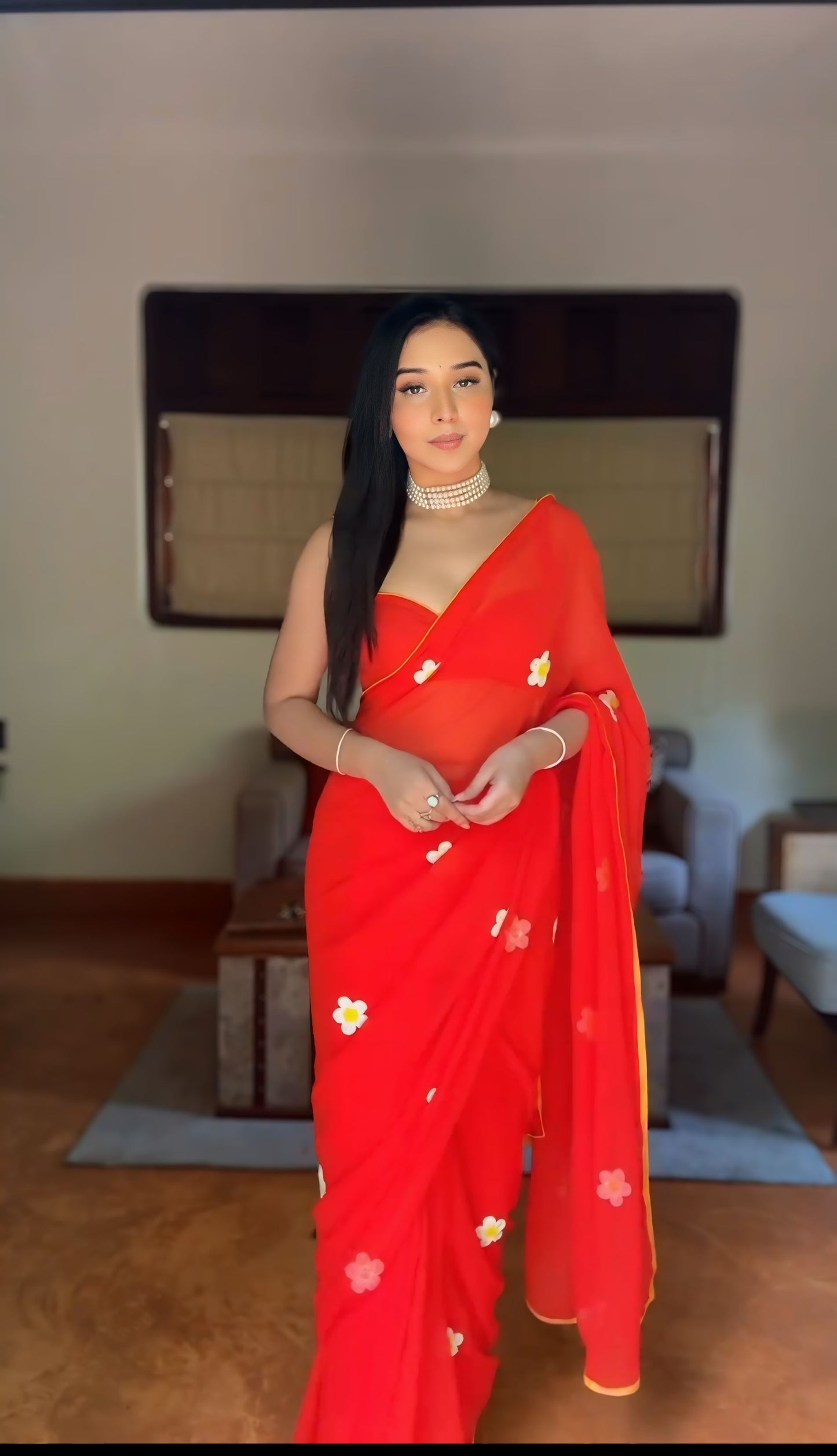 1 - Minute Ready To Wear Blushing Rose Attire Silk Printed Red Saree