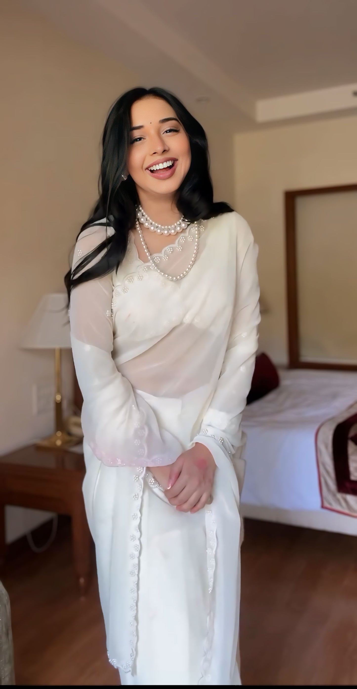 1 - Minute Ready To Wear Blushing Rose Attire Silk Printed White Saree