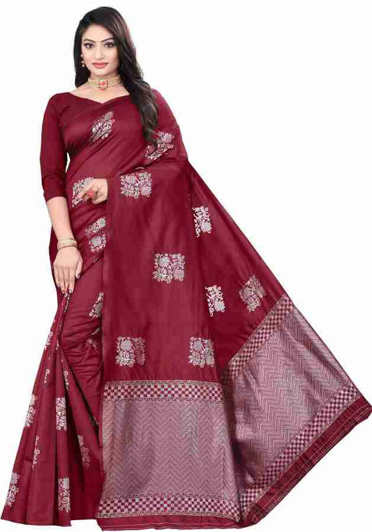 Elegant Soft Silk Saree with Silver Zari Border & Floral Motifs – Traditional Party Wear Saree - MAROON
