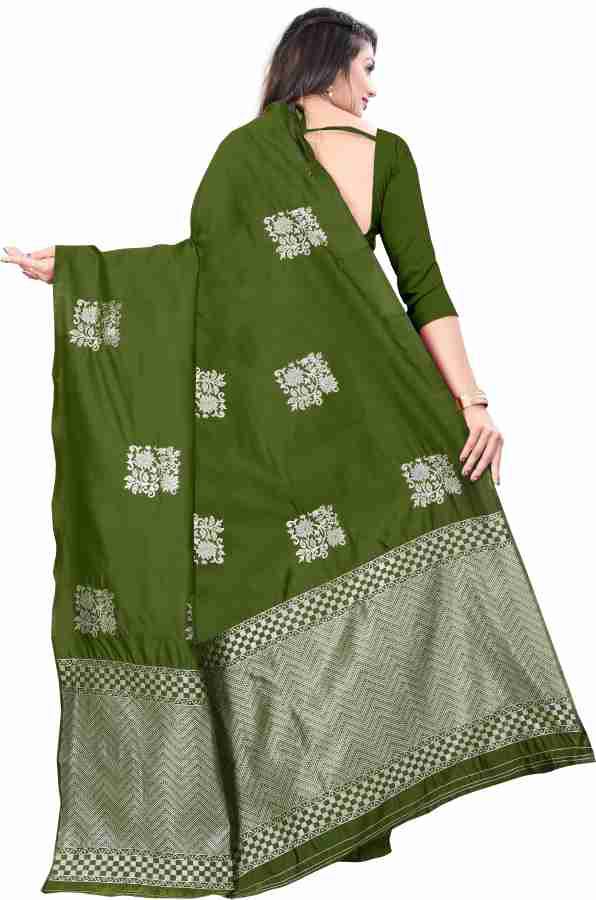 Elegant Soft Silk Saree with Silver Zari Border & Floral Motifs – Traditional Party Wear Saree - OLIVE GREEN