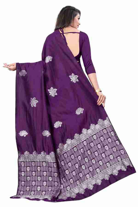 Elegant Royal Purple Silk Saree with Silver Zari Work & Designer Pallu