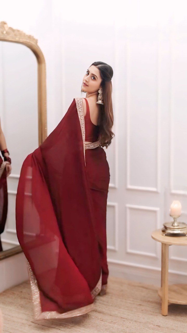 Stylish Rangoli Silk Ready-to-Wear Saree with Lace Border & Stitched Blouse
