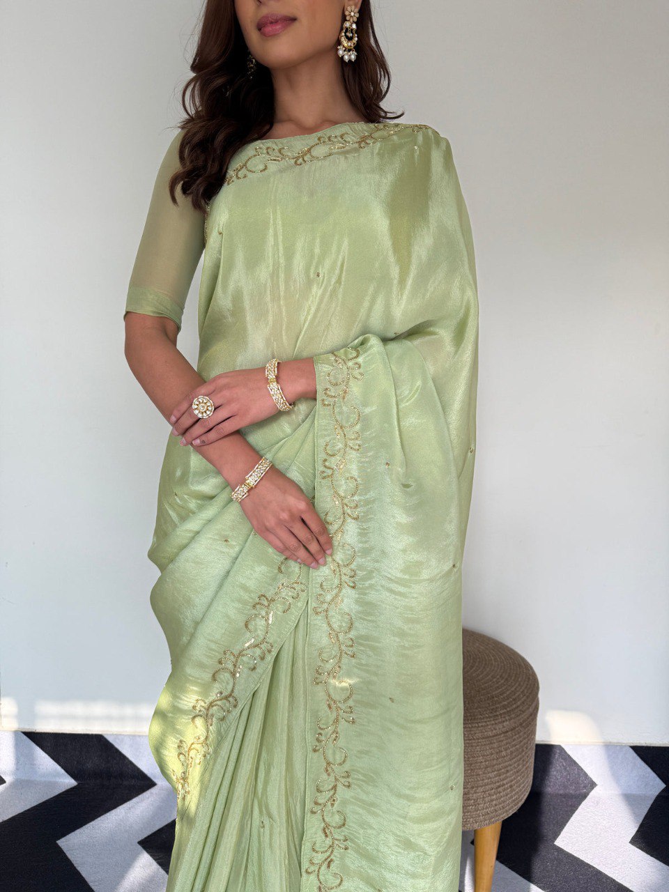 Premium Malai Satin Ready-to-Wear Saree with Handwork & Stitched Blouse