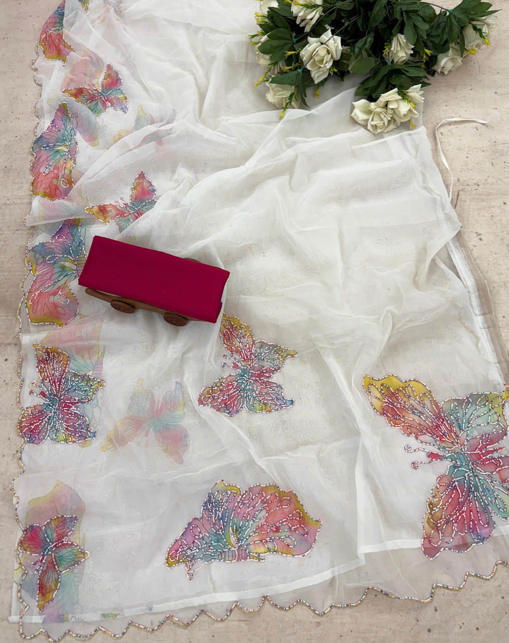 Designer Multi-Color Organza Ready-to-Wear Saree with Printed & Handwork and Silk Blouse