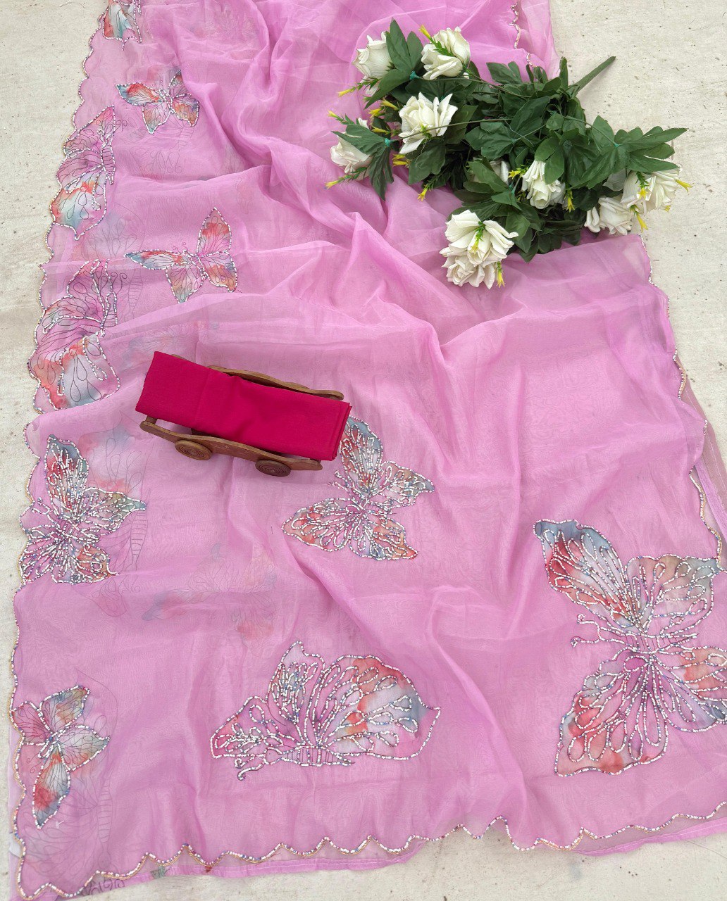 Designer Multi-Color Organza Ready-to-Wear Saree with Printed & Handwork and Silk Blouse