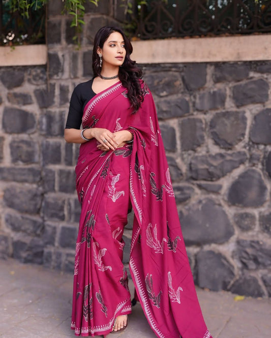Crimson Charm – Designer Wine Red Printed Saree with Elegant Leaf Motifs