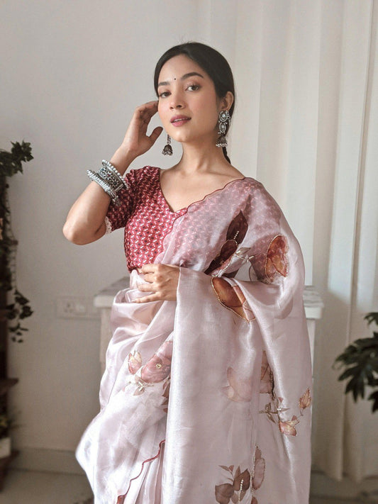 Ivory Bloom – Elegant Floral Organza Saree with Soft Pastel Charm