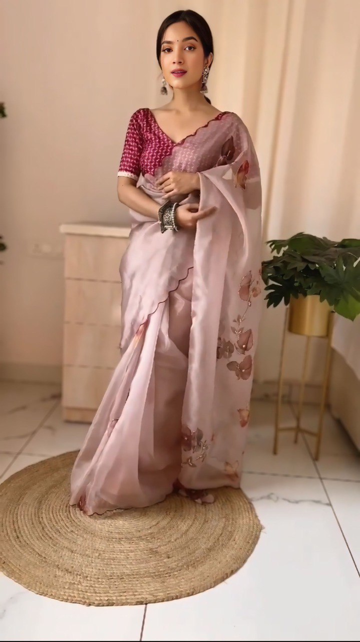 Ivory Bloom – Elegant Floral Organza Saree with Soft Pastel Charm
