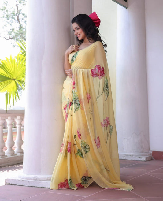 Ready-to-Wear Chiffon Silk Saree with Printed & Handwork Design
