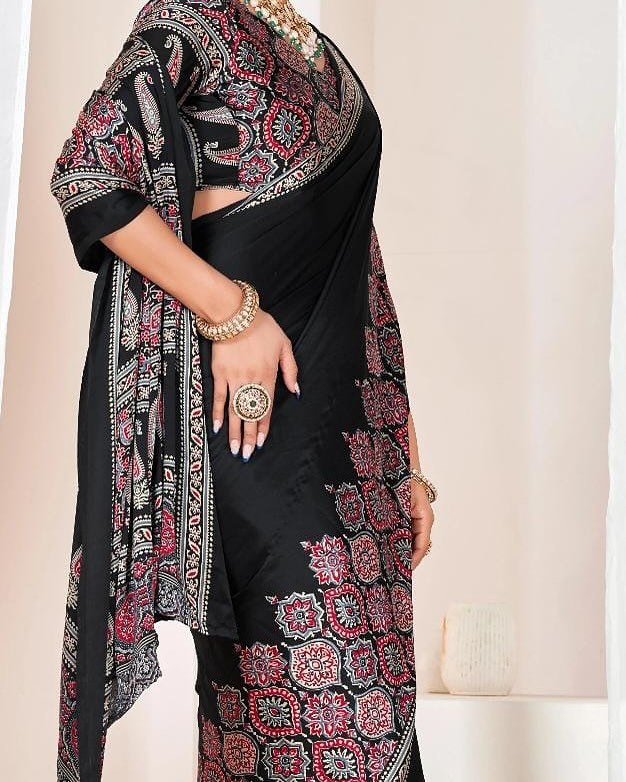 BLACK Crepe Silk Ready-to-Wear Saree with Unstitched Silk Blouse