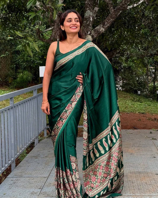GREEN Crepe Silk Ready-to-Wear Saree with Unstitched Silk Blouse (Copy)