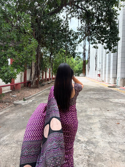 PURPLE Printed Crepe Silk Ready-to-Wear Saree with Unstitched Silk Blouse