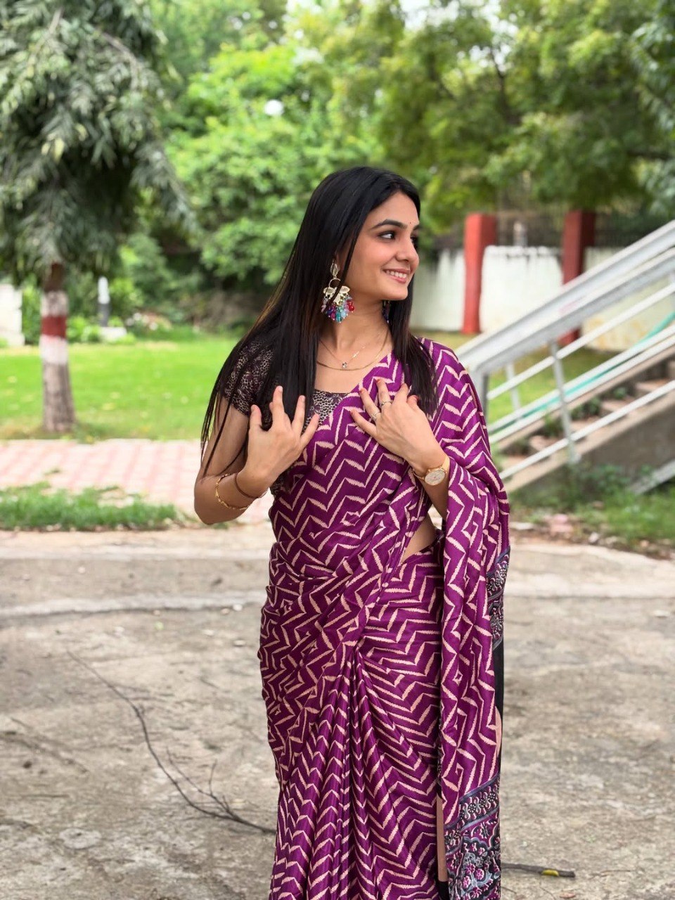PURPLE Printed Crepe Silk Ready-to-Wear Saree with Unstitched Silk Blouse