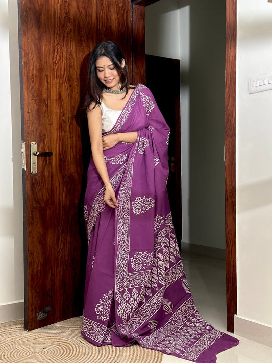Ready-to-Wear Mul Cotton Printed Saree with Pocket & Silk Blouse Piece