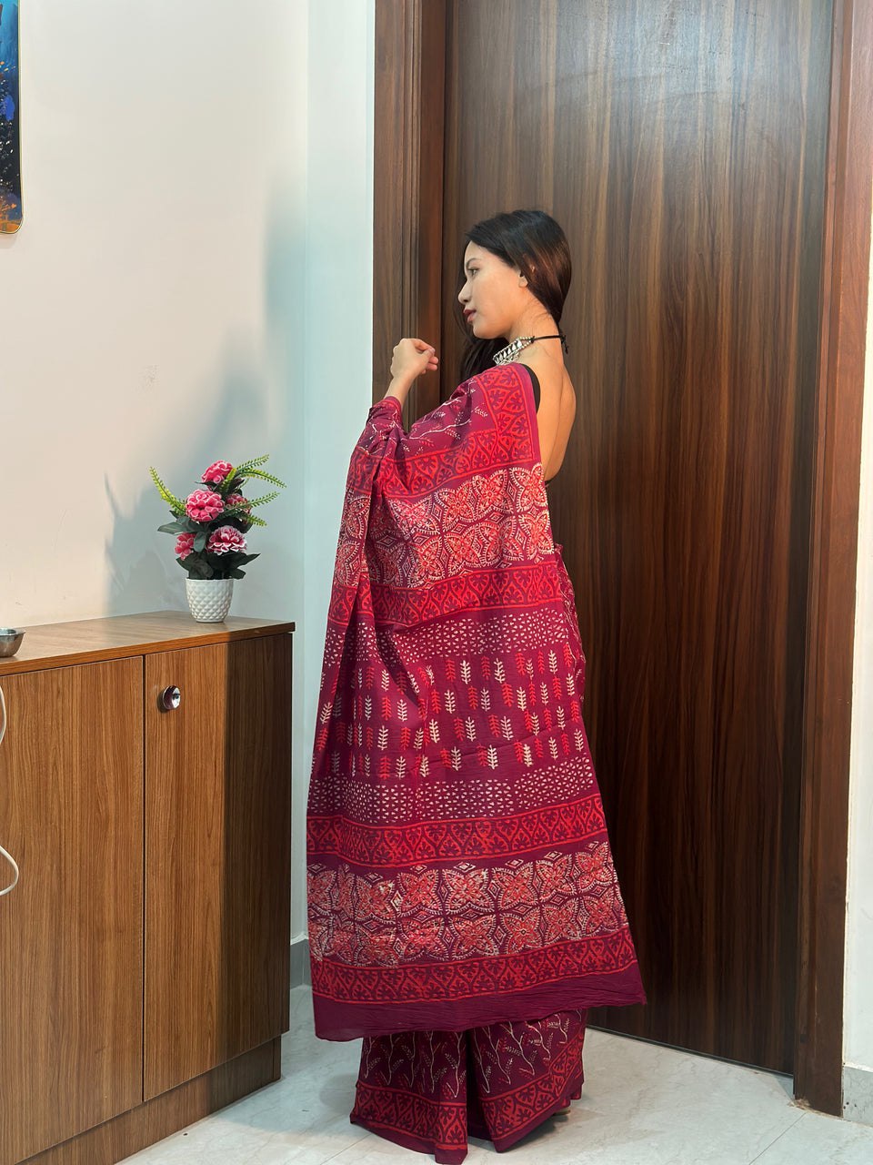 Ready-to-Wear Printed Mul Cotton Saree with Pocket & Silk Blouse