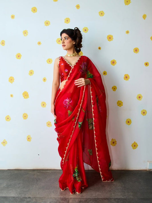 Ready-to-Wear Organza Silk Saree with Floral Print & Handwork and Stitched Blouse