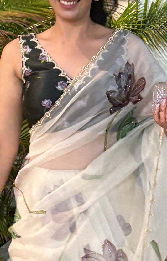 Ready-to-Wear Organza Silk Saree with Floral Print & Handwork and Stitched Blouse