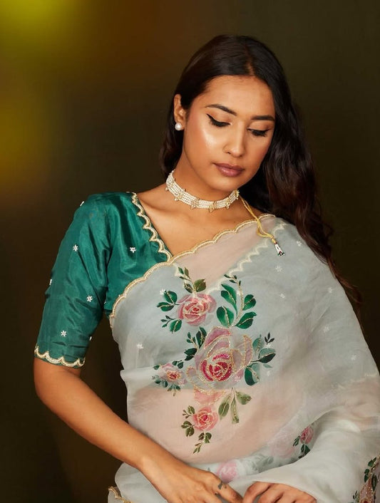 Graceful Multi-Color Organza Silk Ready-to-Wear Saree with Handwork & Satin Silk Blouse