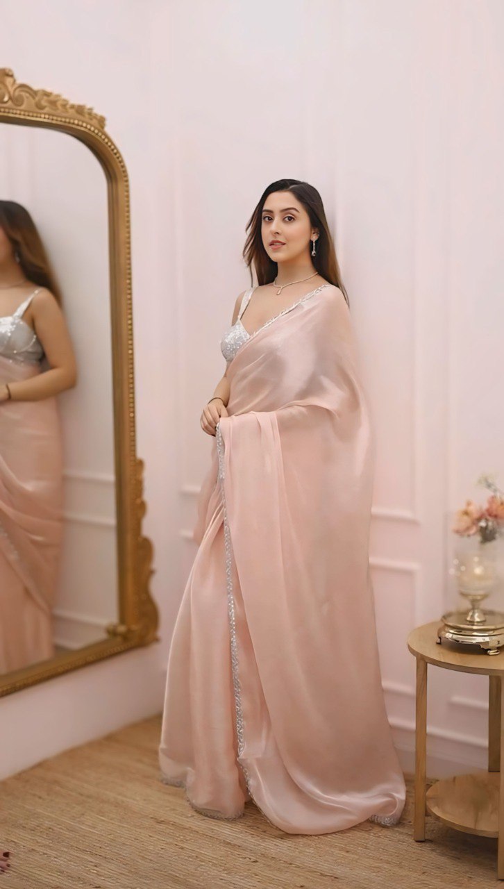 Elegant Ready-to-Wear Jimichu Saree with Lace Border & Embroidered Georgette Blouse