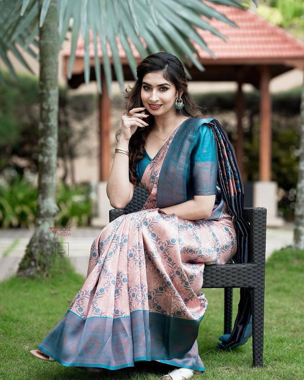 Peach & Blue Floral Woven Lichi Banarasi Silk Saree