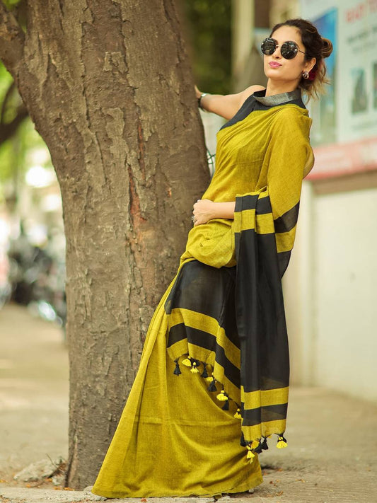 GOPIKANYA KHADI COTTON CONTRAST SAREE - Mustard YELLOW