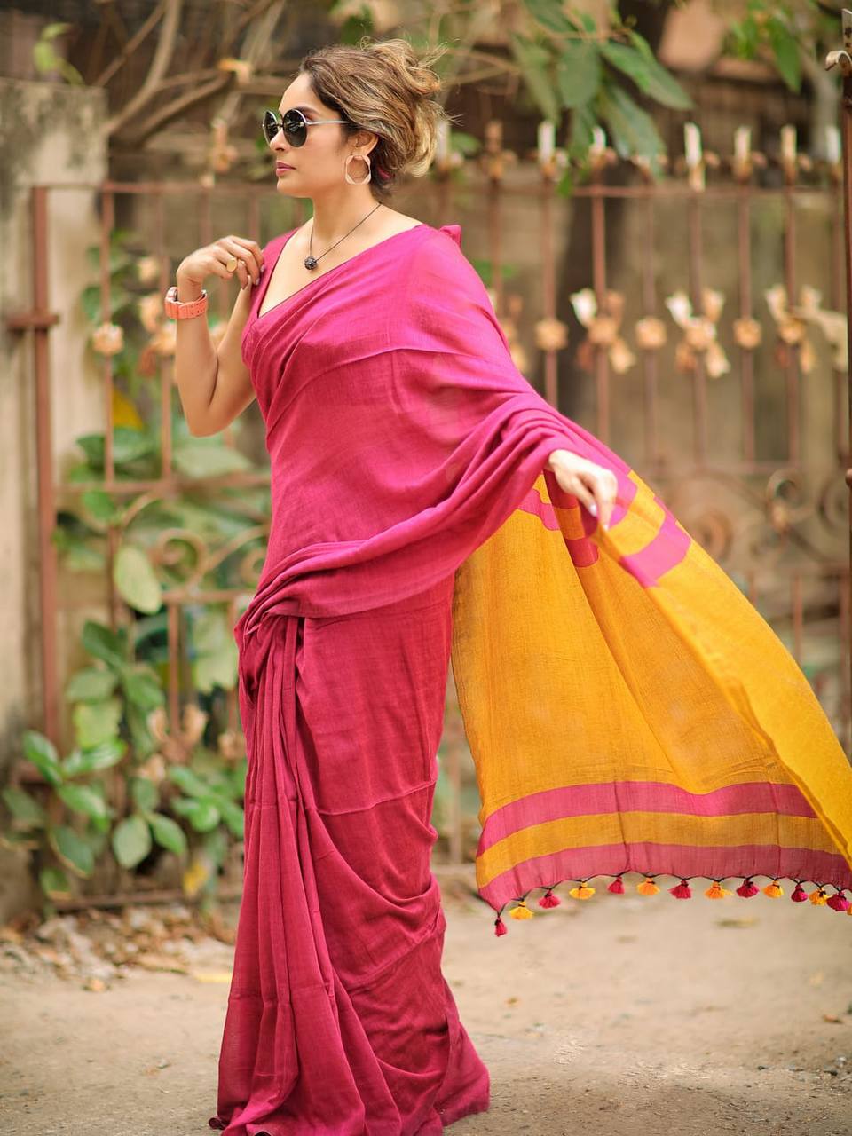 GOPIKANYA KHADI COTTON CONTRAST SAREE - PINK
