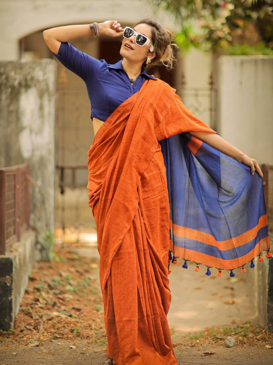 GOPIKANYA KHADI COTTON CONTRAST SAREE - ORANGE