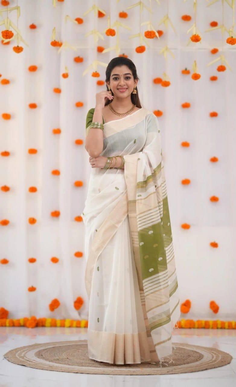 SOFT LILAN SLUB FABRIC JACQUARD SAREE - mehndi green