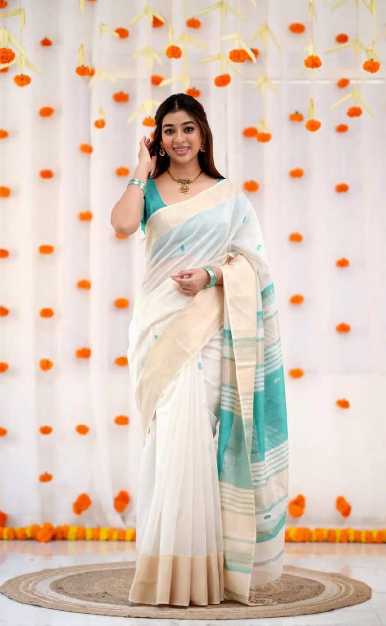 SOFT LILAN SLUB FABRIC JACQUARD SAREE - SKY