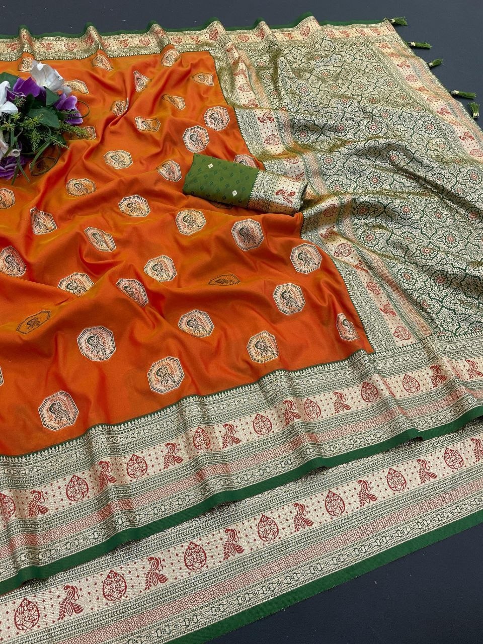 Royal Safety Orange Jacquard Elegance Saree with Designer Pallu