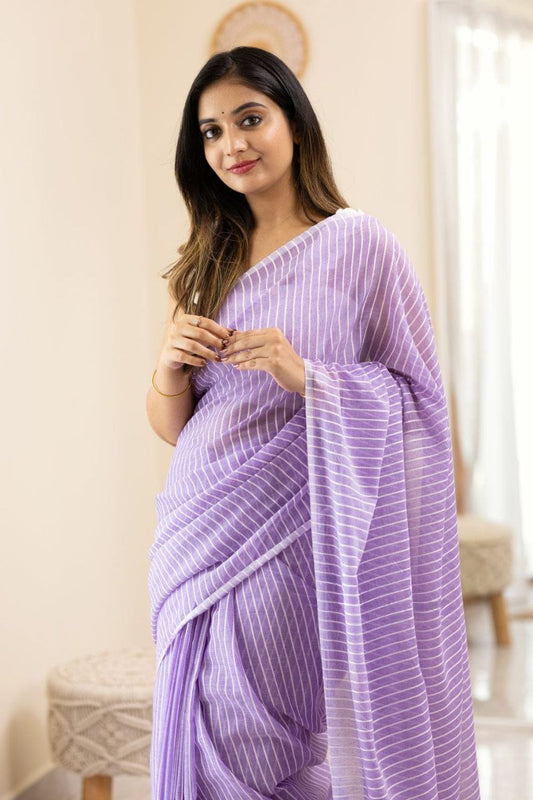 Striped Chanderi Cotton Blend Saree PURPLE