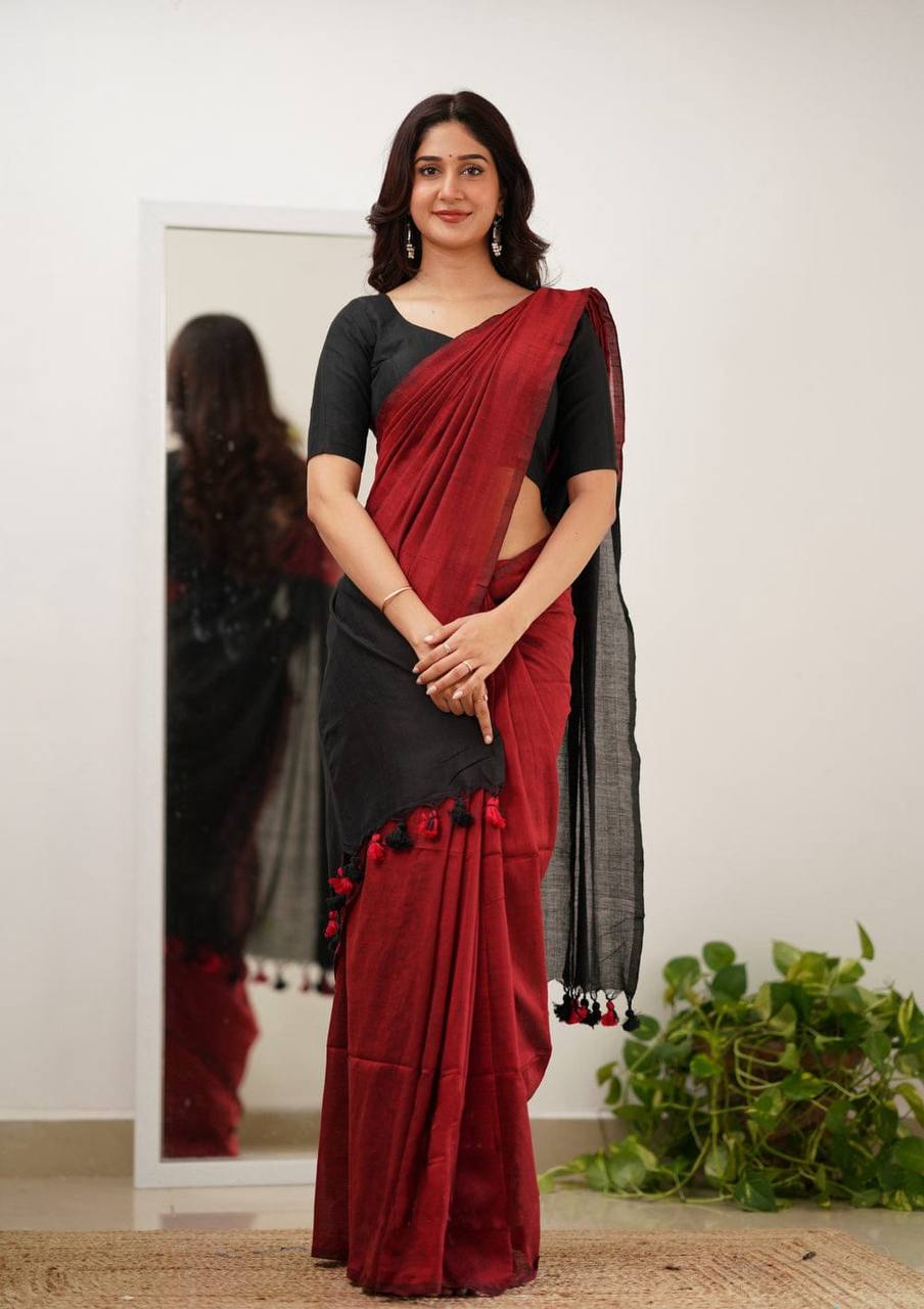Bold Crimson Red & Classic Black Contrast Saree with Tassel Accents