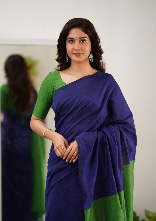 Minimalist Royal Blue & Parrot Green Cotton Silk Saree