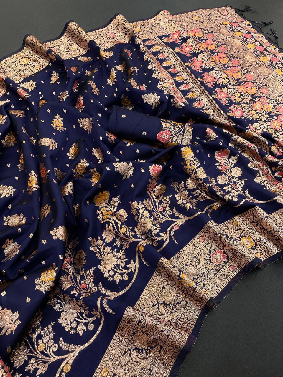 Traditional Banarasi Inspired Floral Weave Saree - Navy Blue