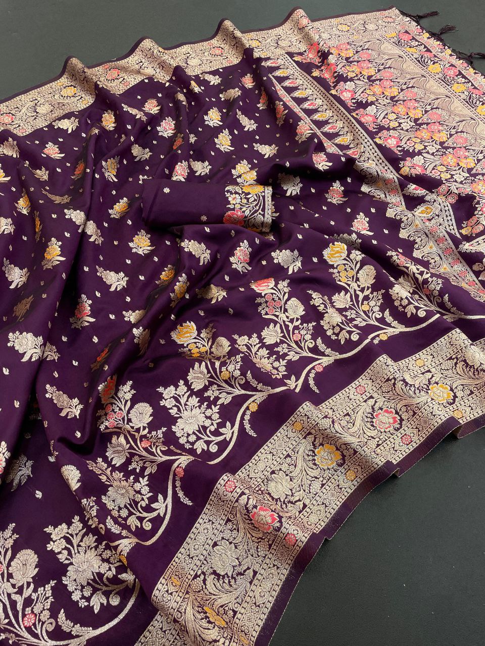 Traditional Banarasi Inspired Floral Weave Saree - Wine