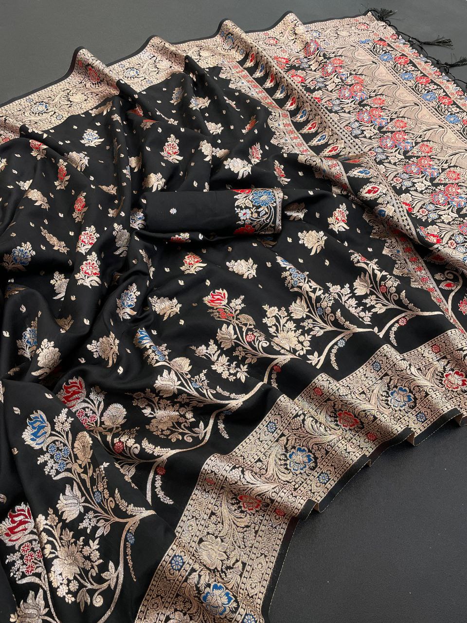 Traditional Banarasi Inspired Floral Weave Saree - Black