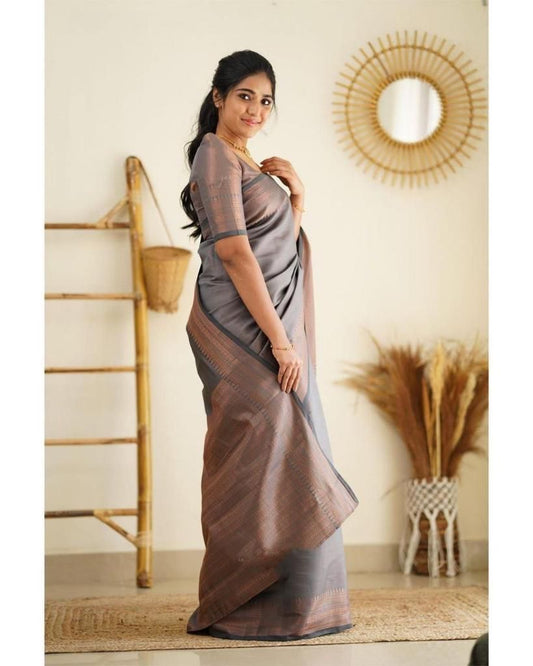 Beautiful Kanjivaram Woven Silk Saree With Blouse Piece - Grey
