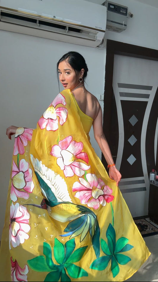Evanescent 1-Minute Ready To Wear Yellow Organza Silk Saree