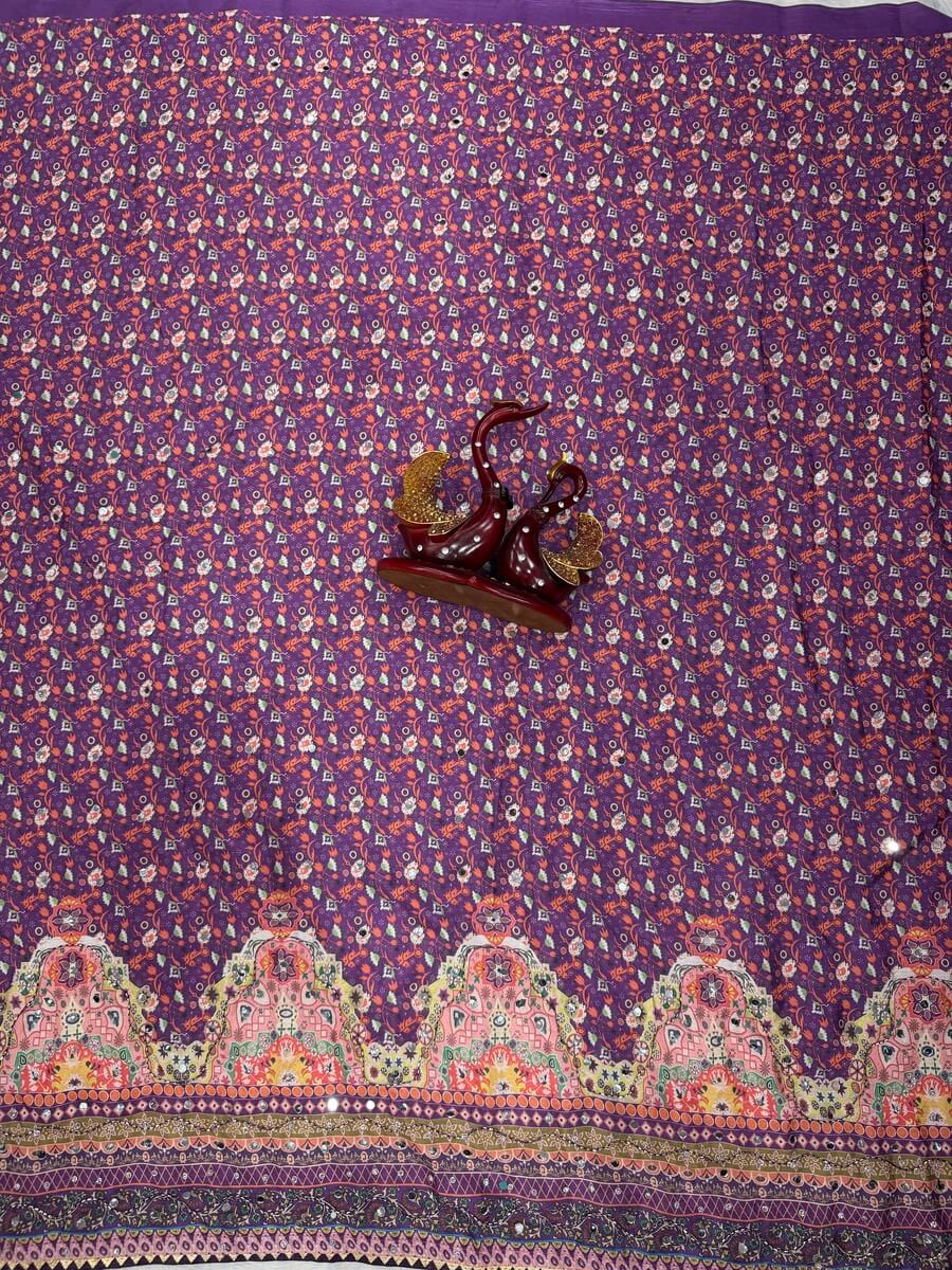 Outstanding Multicolor Chinon Silk Printed Mirror Work Saree