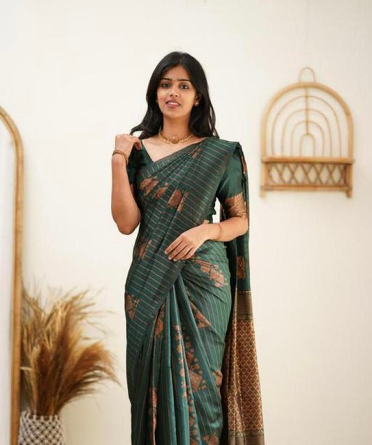 Wedding Wear Kanjivaram Woven Silk Saree With Blouse Piece - Green