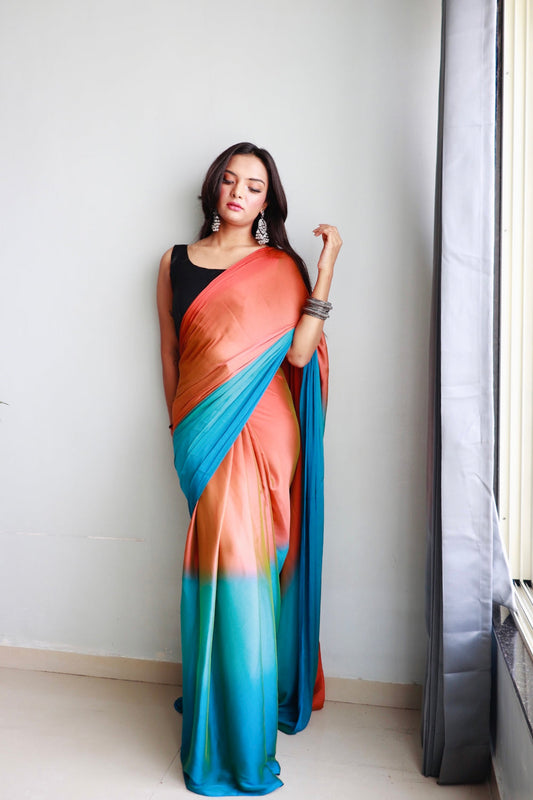 Mesmerising 1-Minute Ready To Wear Orange and Firozi Chiffon Silk Saree
