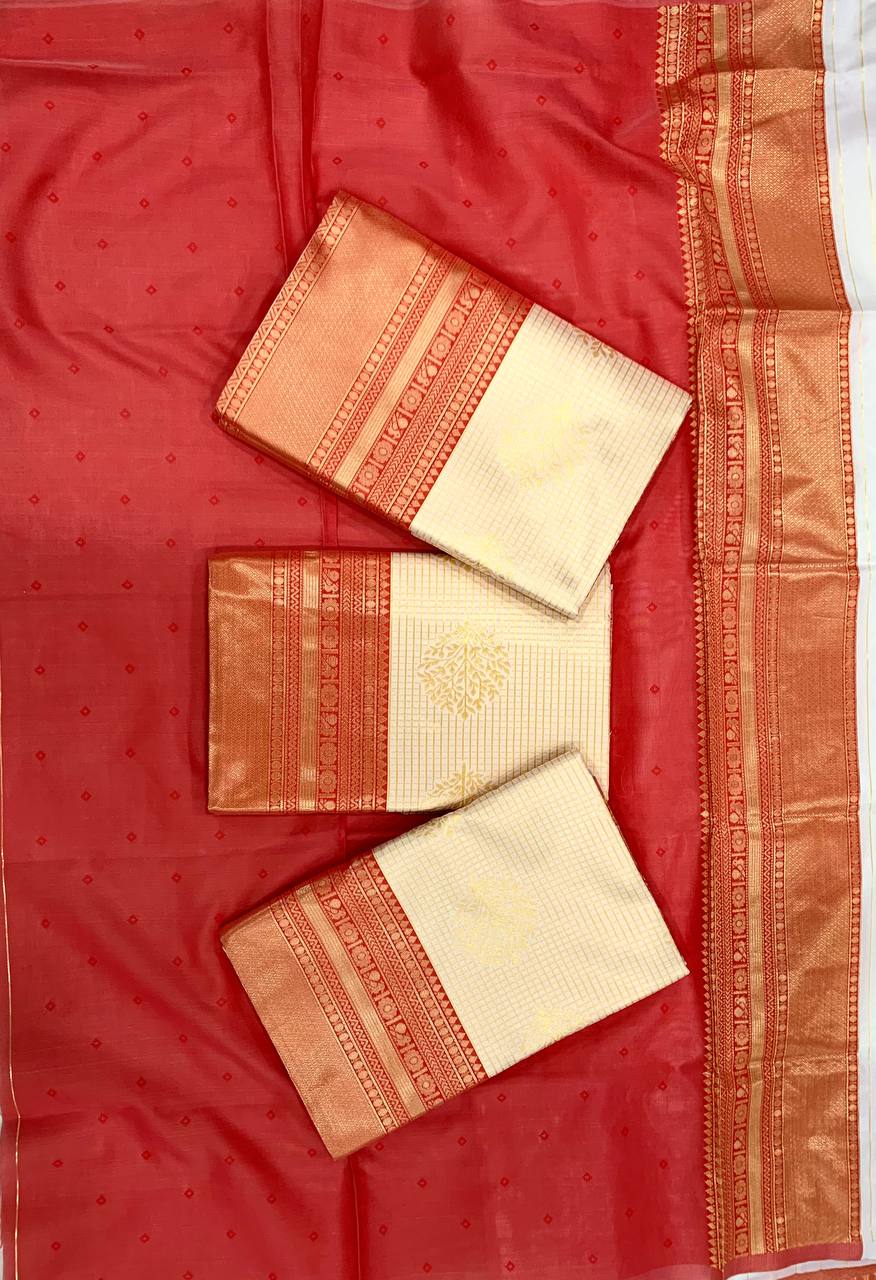 Classic Ivory & Vermilion Red Saree with Golden Zari Border