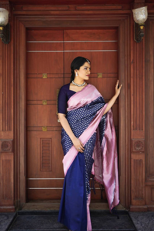 Graceful Navy Blue Soft Lichi Silk Saree with Pink Rich Pallu