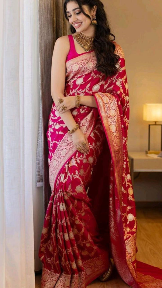 Luxury Red Soft Lichi Silk Saree with Rich Pallu & Elegant Jacquard Work