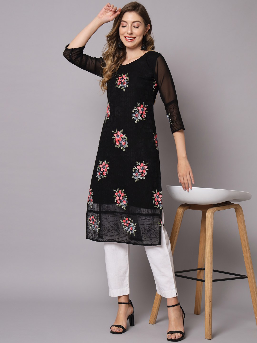 Georgette Straight Cut Round Neck Kurta with Beautiful Lucknowi Chickankari Work