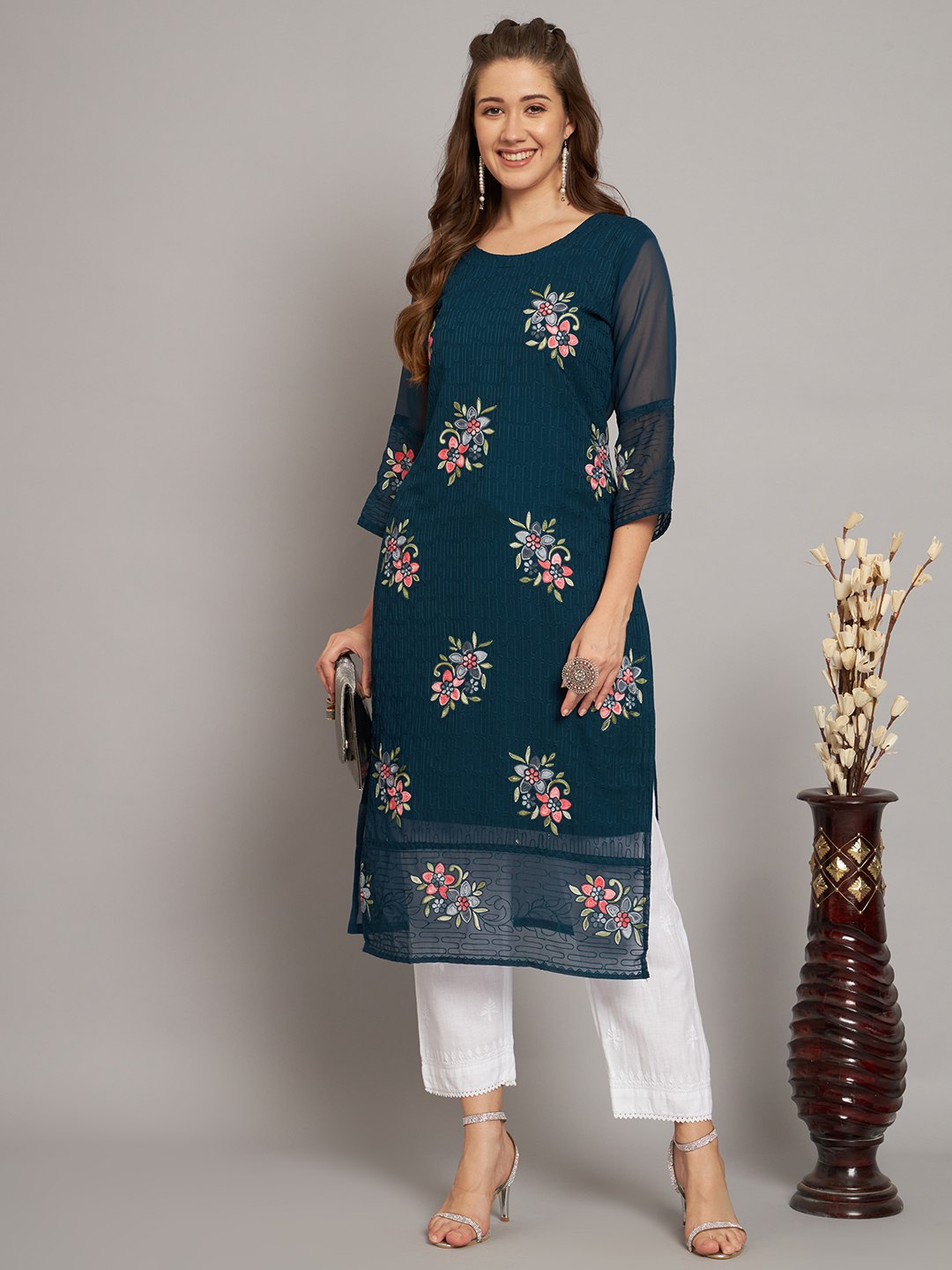 Georgette Straight Cut Round Neck Kurta with Beautiful Lucknowi Chickankari Work