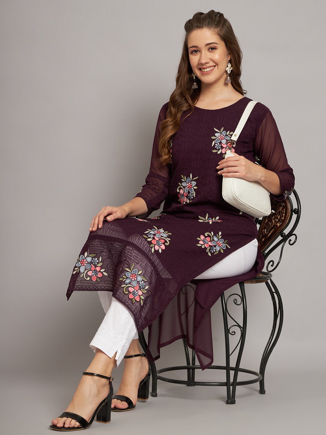 Georgette Straight Cut Round Neck Kurta with Beautiful Lucknowi Chickankari Work