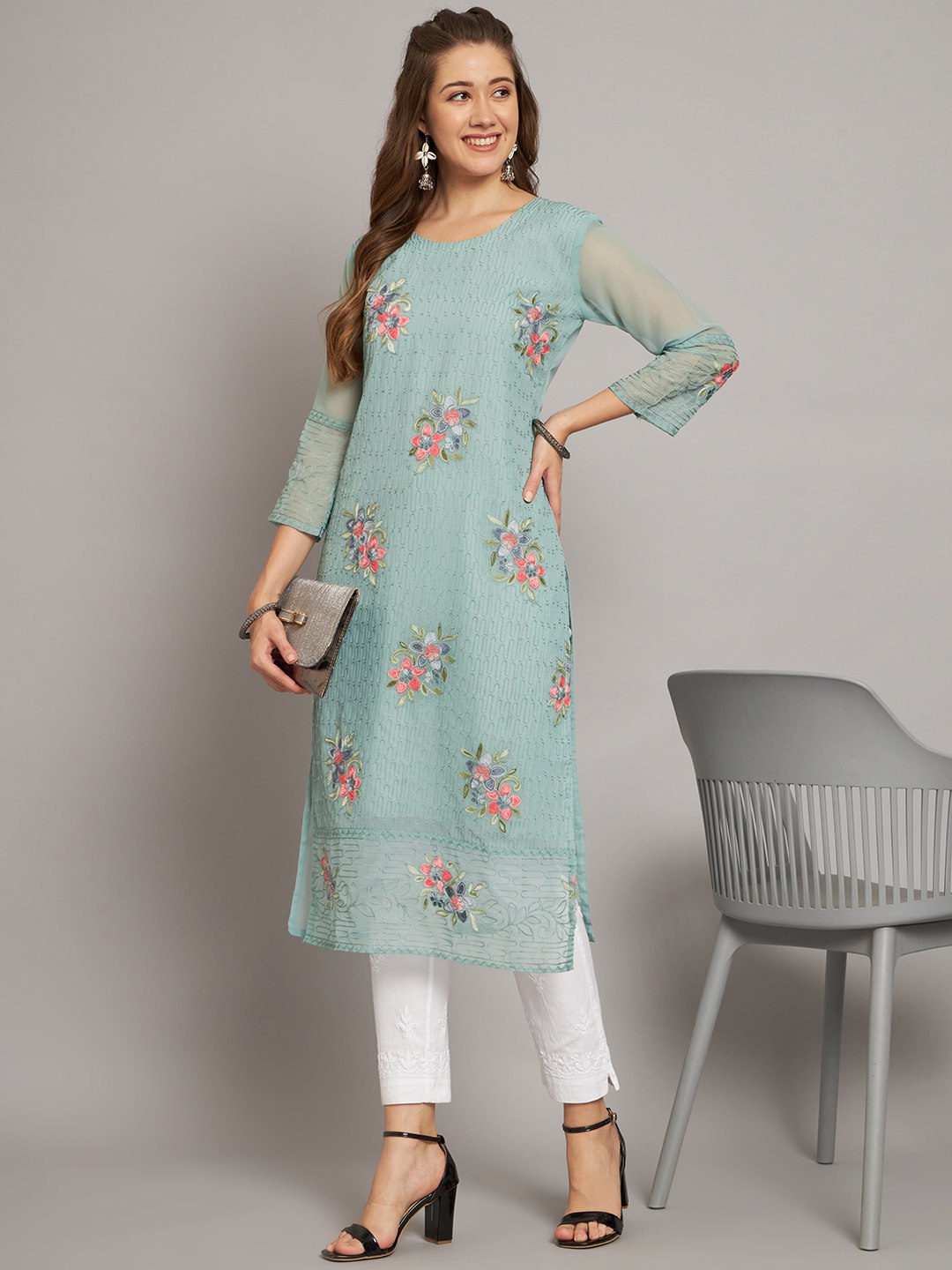 Georgette Straight Cut Round Neck Kurta with Beautiful Lucknowi Chickankari Work