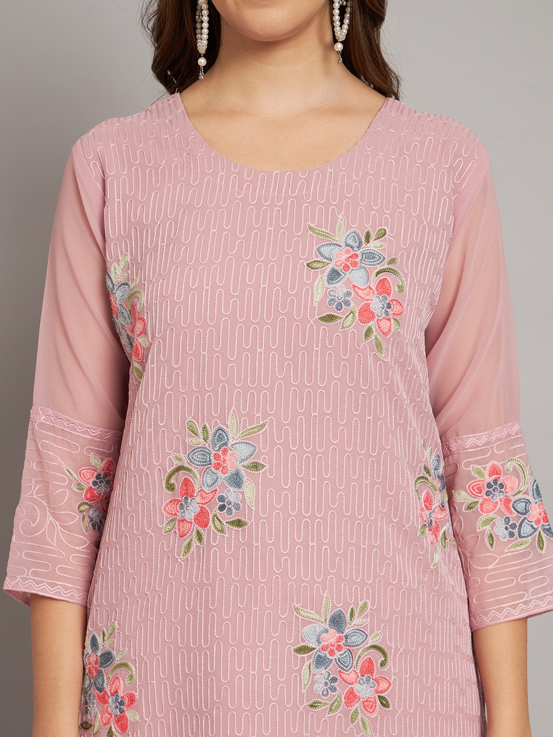Georgette Straight Cut Round Neck Kurta with Beautiful Lucknowi Chickankari Work