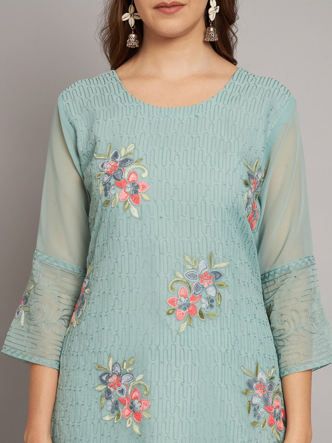 Georgette Straight Cut Round Neck Kurta with Beautiful Lucknowi Chickankari Work